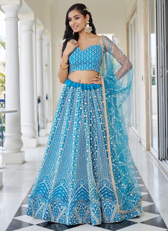 Butterfly Net Sky Blue Wedding Wear Embroidery Work Lehenga Choli